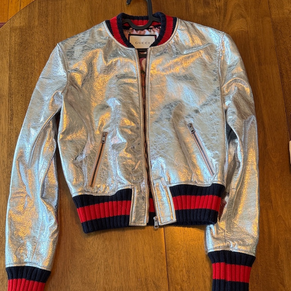 Gucci Women’s Silver Metallic Bomber Jacket with Red & Navy Trim